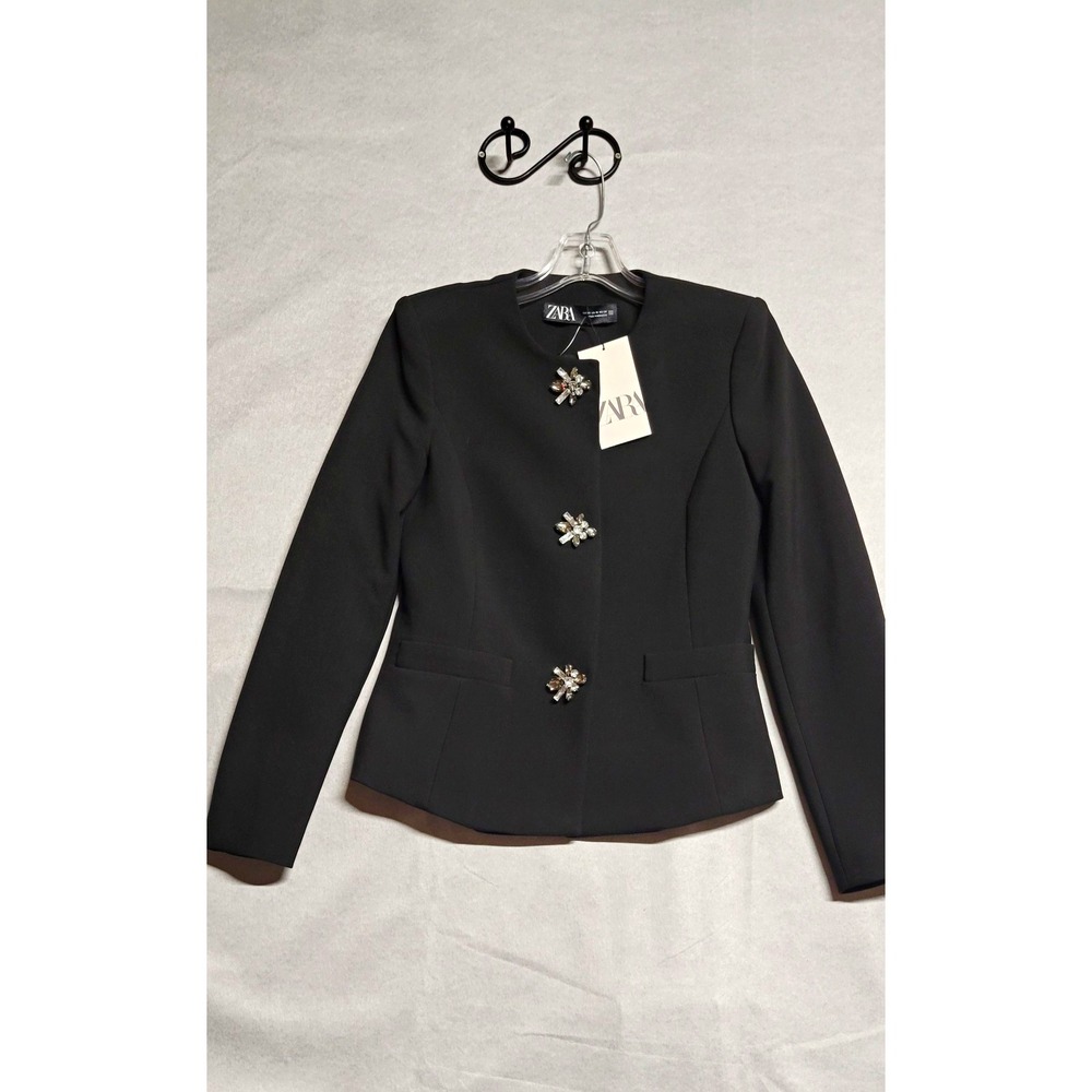 ZARA Women's Black Blazer Jacket Rhinestone Buttons Lined Polyester XS